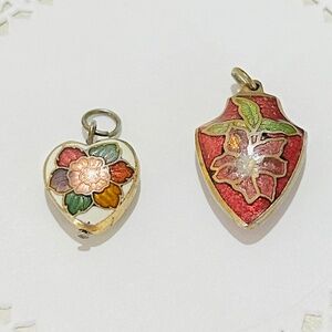Two Dainty Vintage Cloisonné Brass Tone Floral Enameled Puffy Pendants